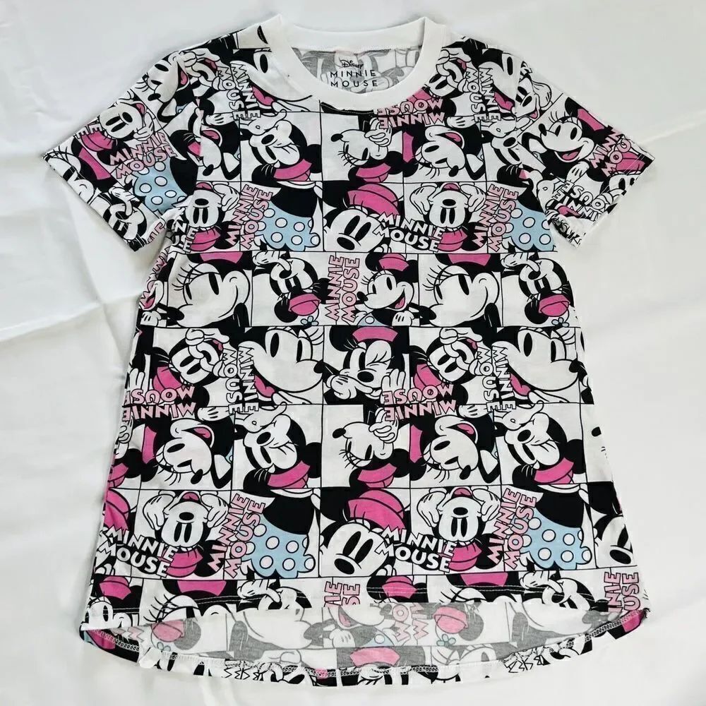 Disney Minnie Mouse Low High Tee T’Shirt White Pink Black Cartoon Sz XS 0726